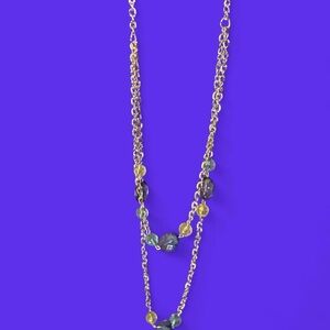 Silver tone beaded double layer necklace with white and blue beads